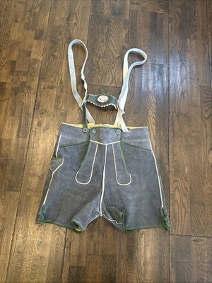 Men s Vintage Lederhosen Gray Leather Green Accents w/ Suspenders Bavarian 33 EU