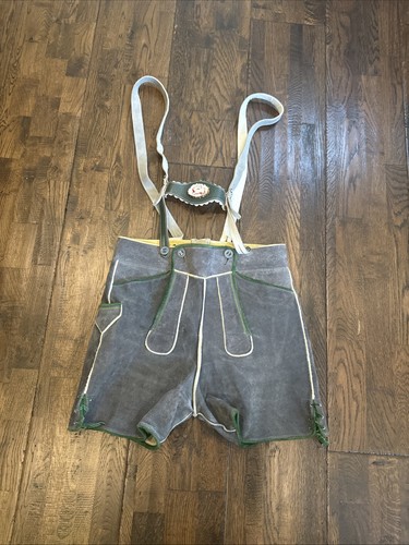 Men’s Vintage Lederhosen Gray Leather Green Accents w/ Suspenders Bavarian 33 EU