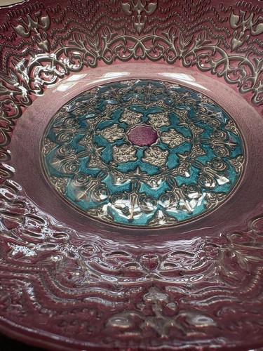 SALE Hand Decorated Large Glass TURKISH BOWL 12” Teal Gold Pink - Picture 12 of 12
