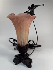 Vintage Art Nouveau StyleCherub Tulip Glass Accent Boudoir Shaded Lamp 13”