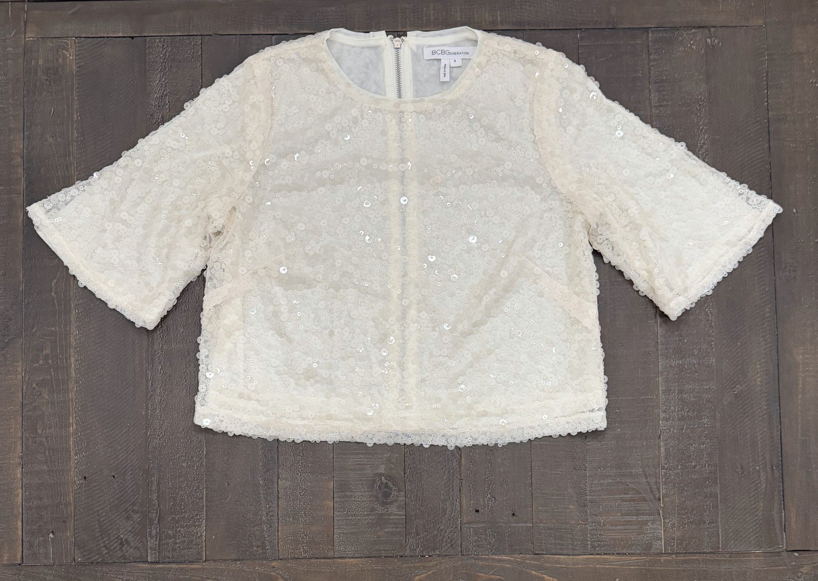 BCBGeneration Ivory Mesh Sequin Zip Back Blouse W… - image 10