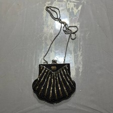 La Regale Vintage Beaded Clam Shell Gold Silver Black Evening Purse Mini Bag