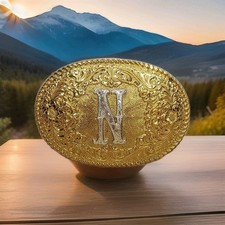 Crumrine Cowboy Western Belt Buckle N Initial Letter Ornate Engraved Gold Tone
