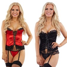 Satin Lace Up Basque and Thong Womens Ladies Sexy Lingerie Underwear