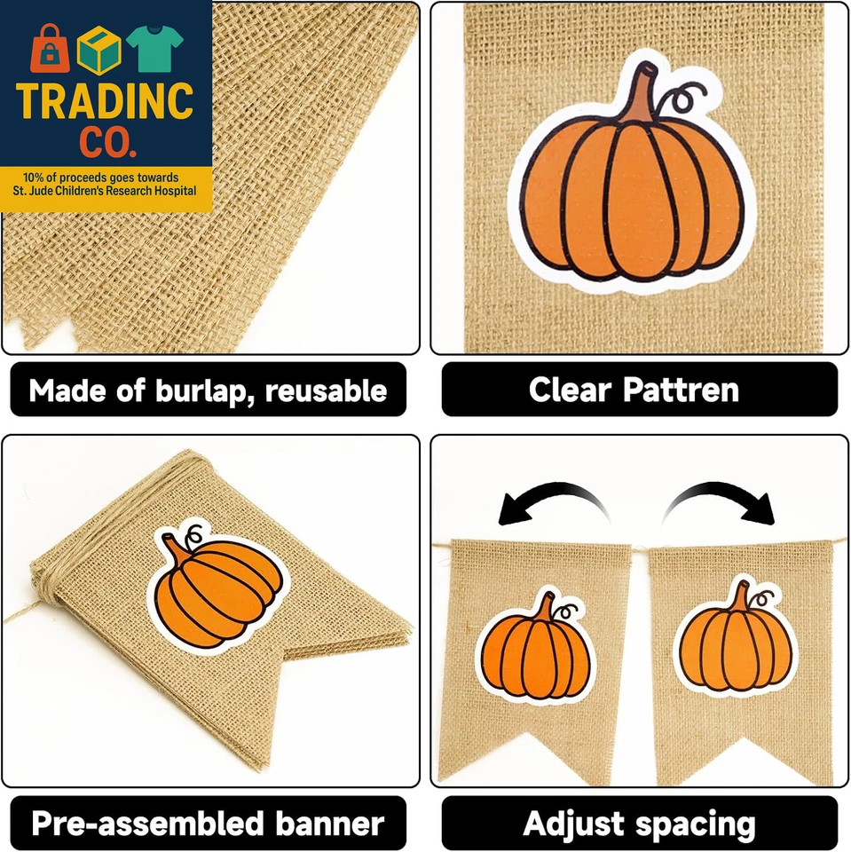 Bandera de calabaza, pancarta de arpillera feliz otoño, guirnalda rústica preencordada bandera Foto 3 de 4