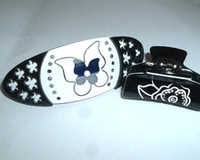 Vintage Black n White Butterfly Hair Barrette and Flower Claw Clip
