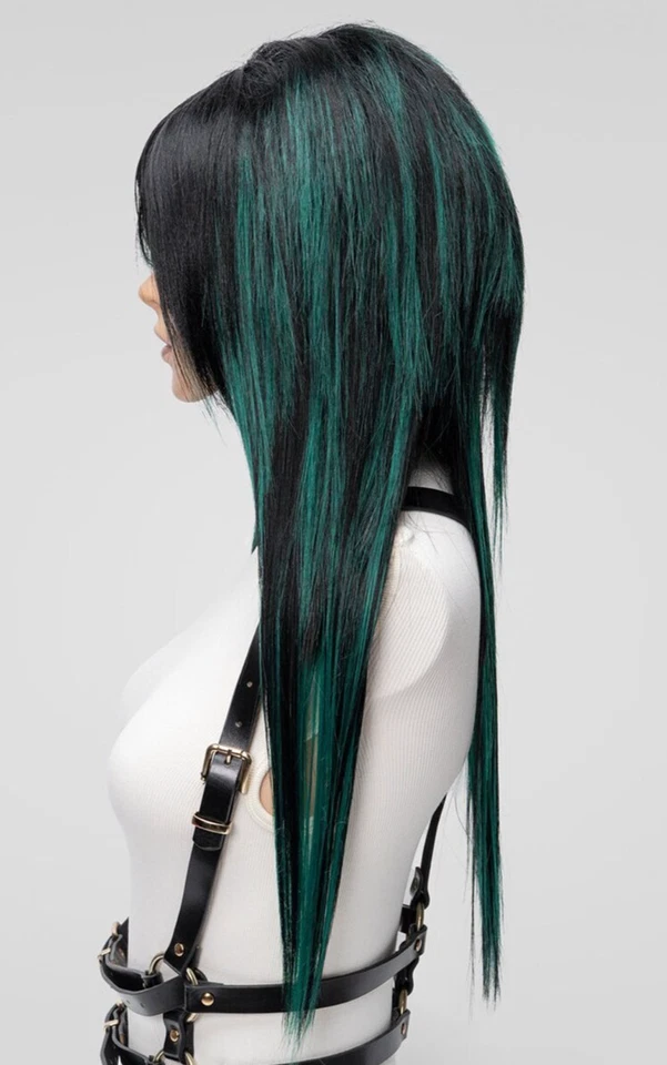 Peluca Emo Negra Verde Larga, Peluca Escena Alternativa, Peluca Peluda en Capas Golpes Laterales Foto 3 de 4