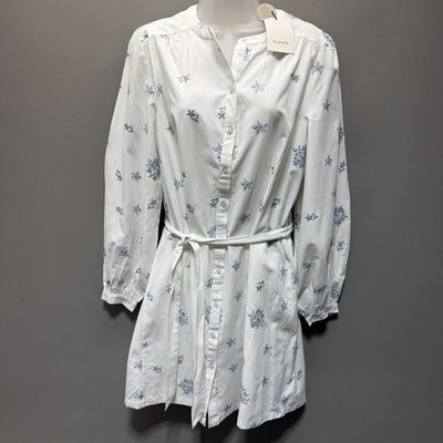 B.Young White Embroidered Floral Tie Waist Shirt Dress Size 36 NWT