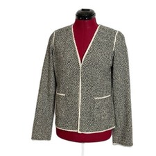 NWT St John Knit Blazer Size 2 Caviar  White Herringbone Pattern Wool Blend