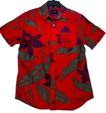 HUF Floral Button-Up Shirt - Red Tropical Short Sleeve - Made in USA - Men’s M