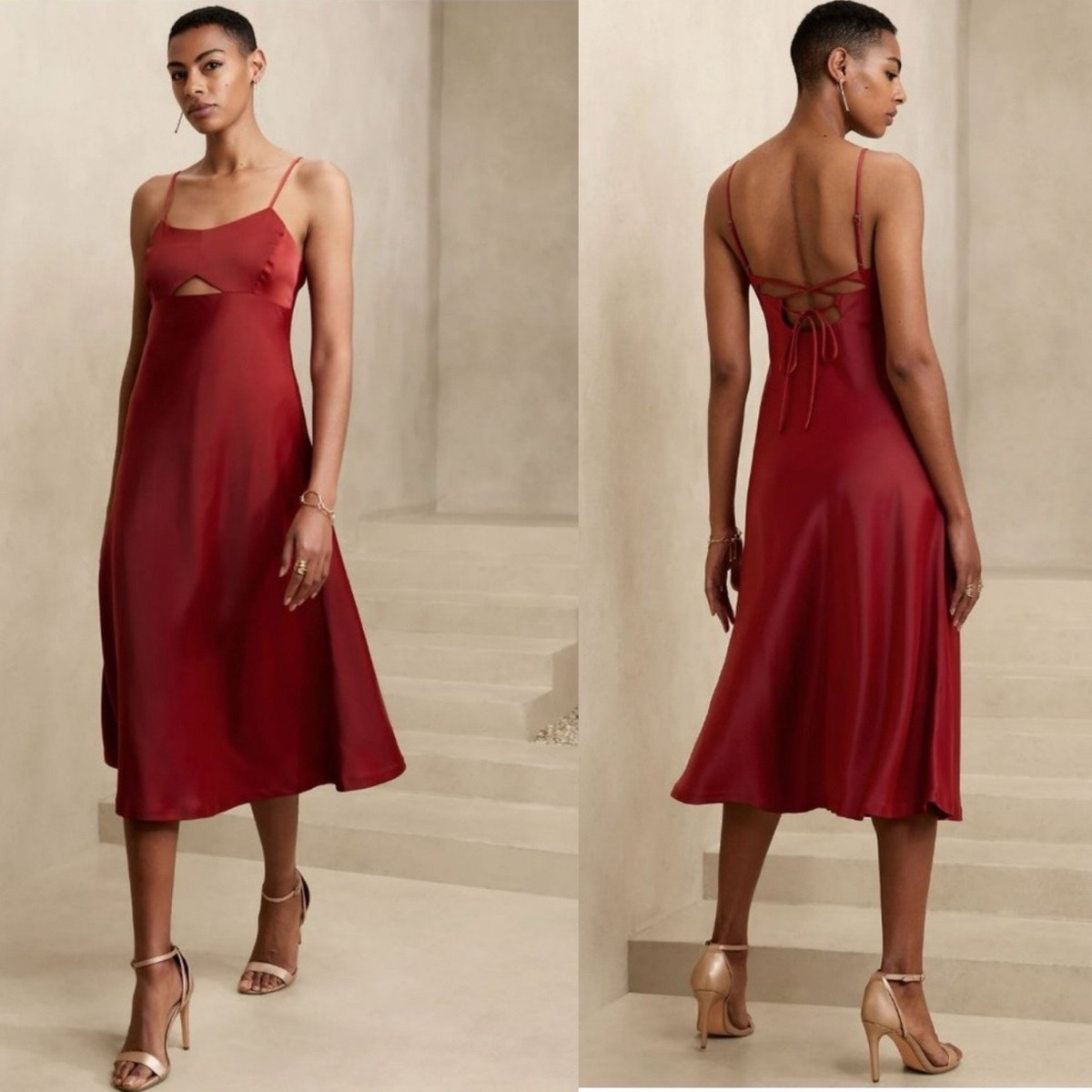 Banana Republic Satin Slip Dress Womens Sz 4 Rust Red Cutout Front  Bridesmaids