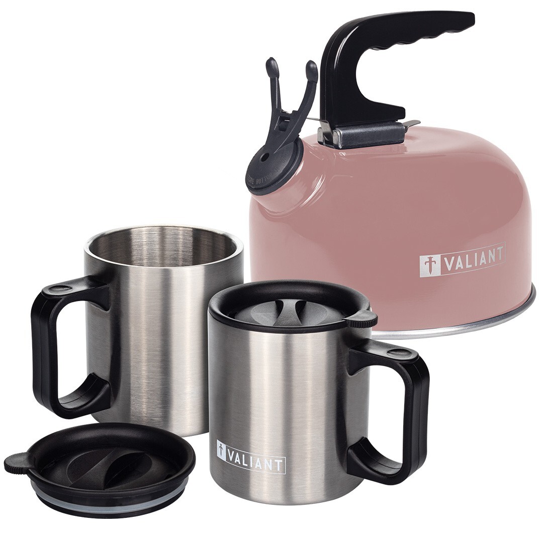 Camping Kettle and Mug Set | 1 Litre Whistling Kettle with 2 x Insulated Mugs