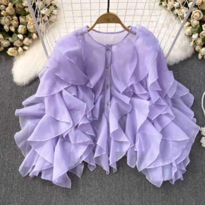 Damen Chiffon Ruffles Bluse Hemd Top Unregelmäßig Durchsichtig Puffärmel Retro