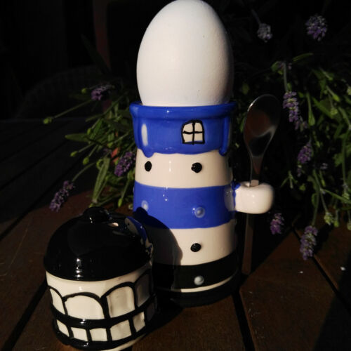 Leuchtturm Blau Lighthouse Servieren Eierbecher mit Salzstreuer Löffel im Set - Bild 1 von 1