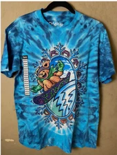 The GRATEFUL DEAD Liquid Blue Bear Snowboard Double sided Blue Tie Dye Tee-NWT