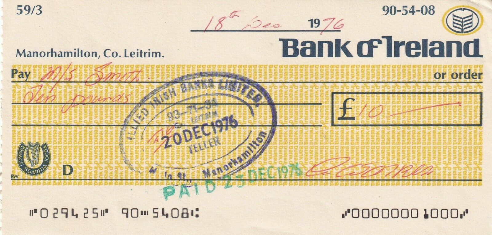 Bank of Ireland Cheque 1976 eBay
