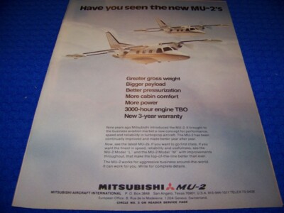 1975 MITSUBISHI MU-2 L/M & GRUMMAN AMERICAN TIGER..1-PAGE COLOR SALES AD (942NN)