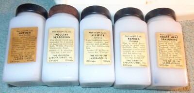 Vtg 1940's Griffith Spice Jars Milk Glass Jars Spice Rack Black