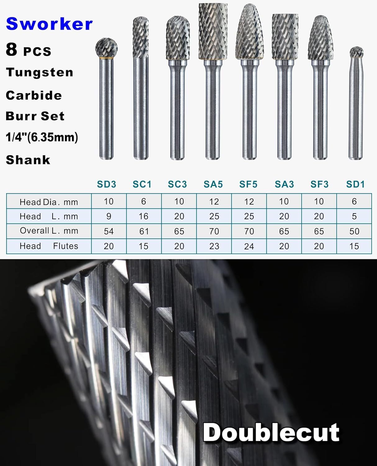 Sworker Carbide Burr Set 1/4" Shank 8PC Die Grinder Bits Rotary Rasp