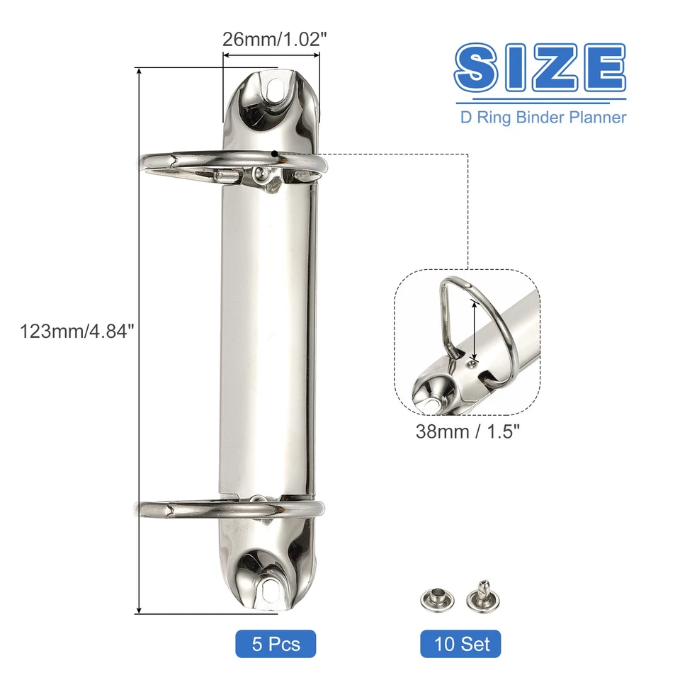 B7 2 Hole Ring Binder Mechanisms, 5 Set 1.5" D Ring Binder Planner, 26mm Silver - Image 2 of 4