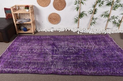 Turkish Vintage Rug, 4,8x8,6 ft Rug, Purple Large Striped Rug