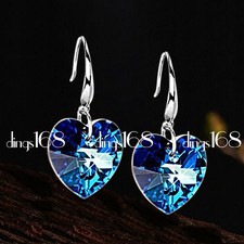 925 Sterling Silver Tarnish-Resist 10mm Blue Crystal Heart Dangle Earrings B1261