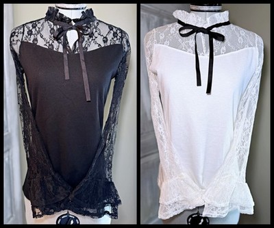 Set of 2 MA*RS Lace Panel Top Blouse Cut and Sew Black White Jfashion Jirai Kei
