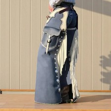Blue Leather Cowboy Chaps with Cream Fringe: Handmade Western Ranch Wear