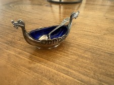 David Andersen Sterling Viking Ship Oxidized W/ Spoon - Norway Blue Cobalt Bowl