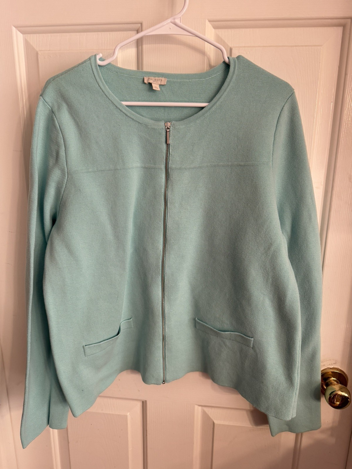 Talbots Zip up Cardigan Sweater Womens XL Aqua Mint Knit Casual