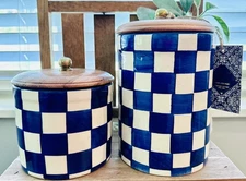 New BLUE & White Checkered Canister SET Wood Lid India 4.5” 6.5” Tiktok Viral