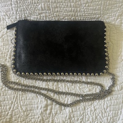 ZARA Studded Crossbody Purse Silver Chain Strap Black Suede 9in X 5.5in