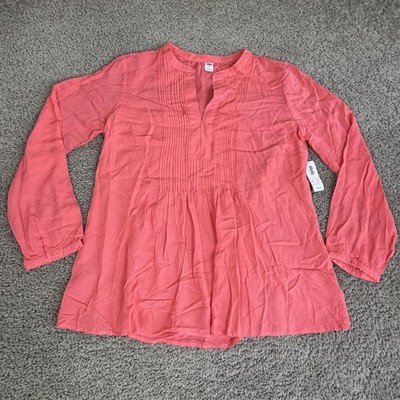 Old Navy Blouse Tunic Womens M Pink V Neck Pleated Button Rayon Relaxed Fit