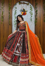 Orange Indian Heavy Muslin Cotton Lehenga Choli Blouse Piece Dupatta Set