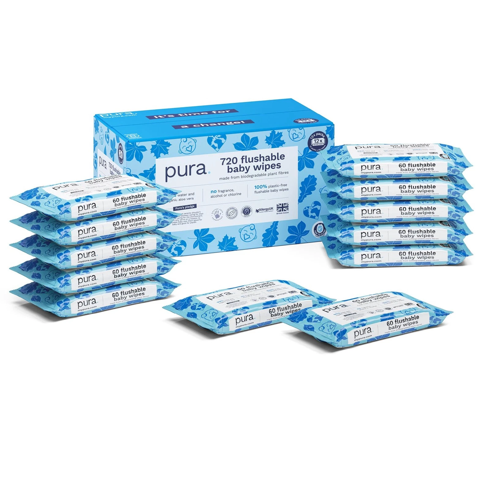 Pura Flushable Baby Wipes 12 x 60 per pack, (720 Water Based Wet Wipes) 100% UK
Opens in a new windo