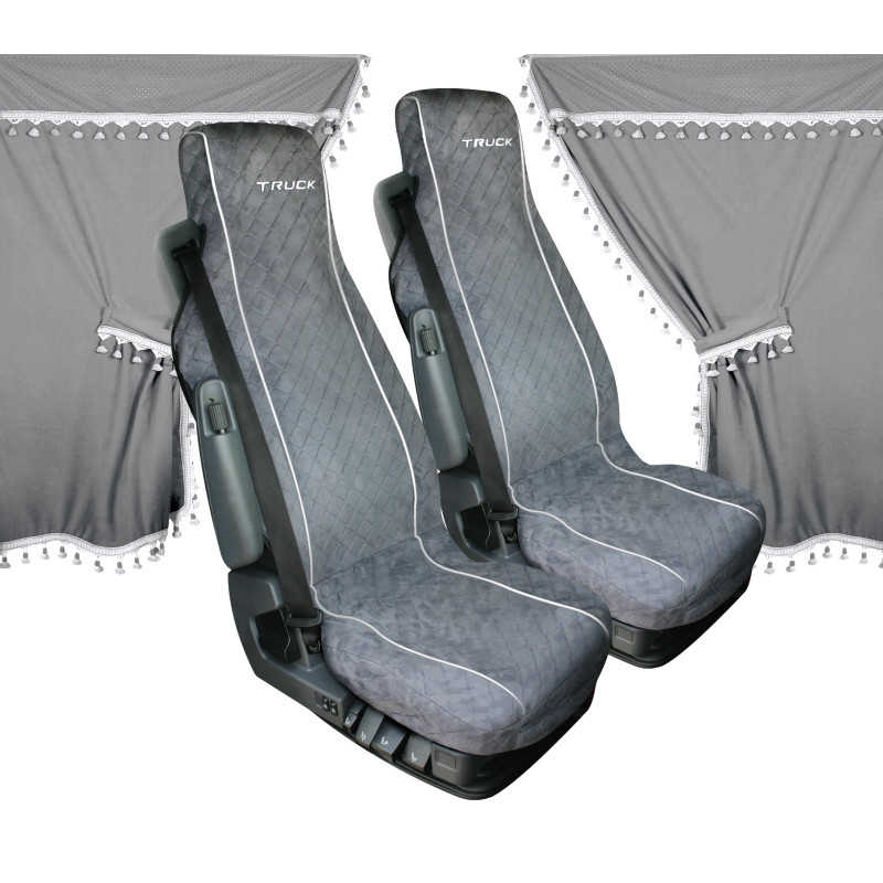 EIN PAAR UNIVERSELLE MIKROFASER-SITZBEZÜGE FÜR LKW + GRAUES MARKISENSET