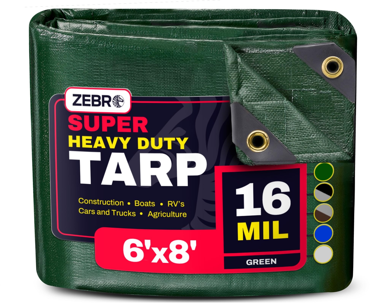 6' x 8' Green Heavy Duty Tarp with Grommets Reinforced - 16 Mil Thick - Doubl...