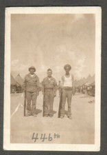 WWII photo- three US soldiers posed in camp 446th