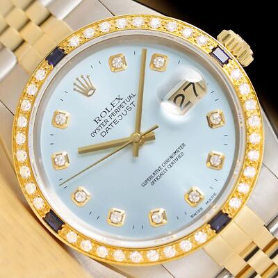 ROLEX Herren Datejust 16013 Diamant Saphir 18K Gelbgold Stahl Ice Blue Uhr