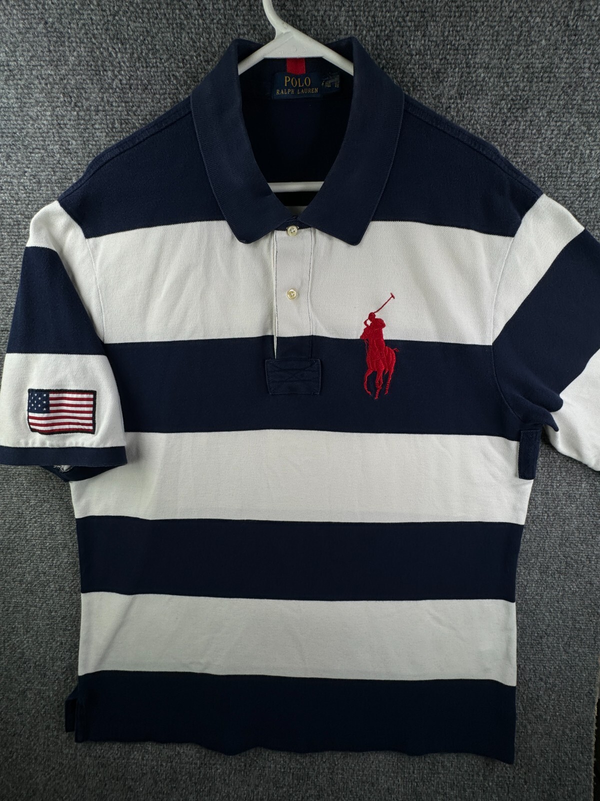 Polo Ralph Lauren XLT camicia alta grande pony a righe blu bianca bandiera USA America