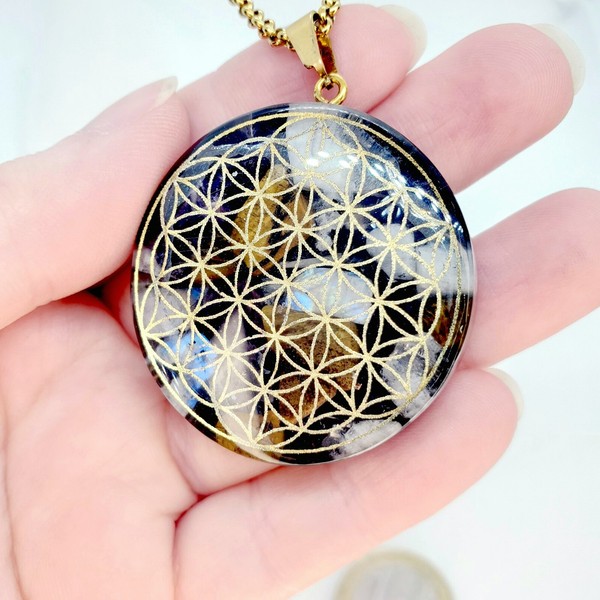 Alternate view of Flower Life Custom Orgone Necklace. Amulet For Meditation, Chakra Balance Emf