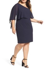 VINCE CAMUTO Navy Drape Chiffon Overlay Crepe Stretch One Shoulder Dress 20W =2X