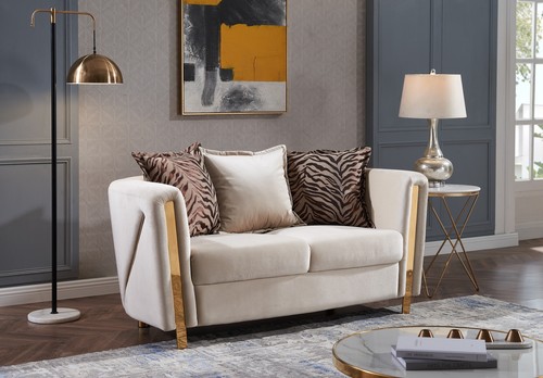 Thick Velvet Fabric Upholstered 2Pc Living Room Set Made With Wood in Beige - Picture 7 of 11