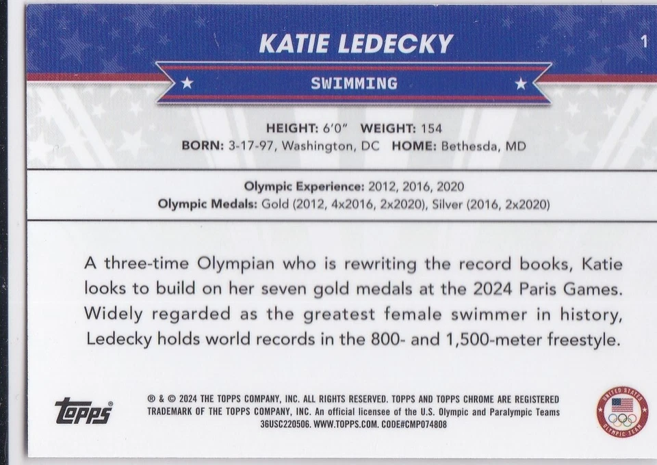 KATIE LEDECKY Topps Chrome TEAM USA Swimming Olympics Card GOLD MEDALS ~ GOAT! - Image 2 of 2