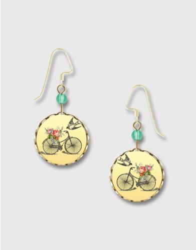 Bicycle with Flower Swallow Round Earrings Lemon Tree 14K GF Hook Handmade USA - Picture 1 of 4