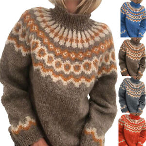 Womens Nordic Knitted Sweater Mock Neck Jumper Tops Winter Warm Loose Pullover