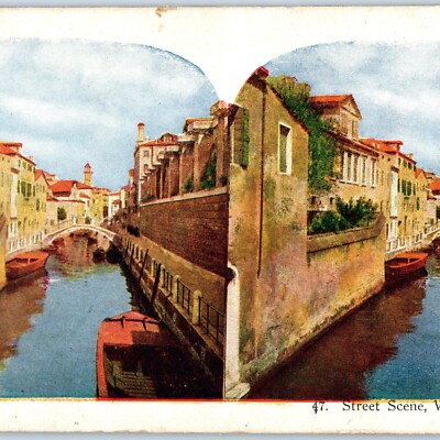 c1900s Venice, Italy Street Scene Boat River Water Bridge Stereoview House V36
