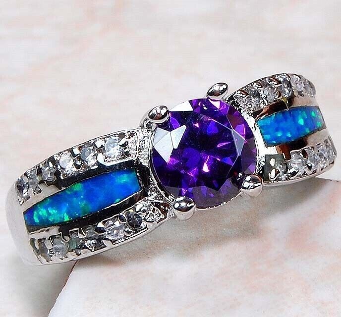 1CT Amethyst & Australian Opal Inlay 925 Solid Sterling Silver Ring Sz 8 BA2