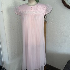 VTG 60s Double Chiffon Negligee Gown Adonna Nylon Feminine Embroidery peach M