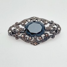 Antik Stil 935 Silber Brosche mit Onyx Stein Markasiten Jugendsti Design Schmuck